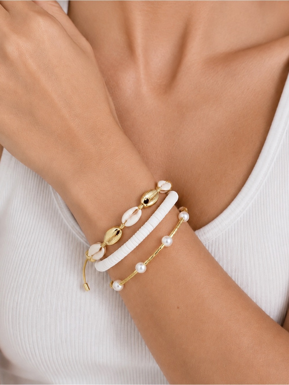 J.Crew Oceanside Shell Bracelet Set White Gold Coastal Chic Resort Style NWT